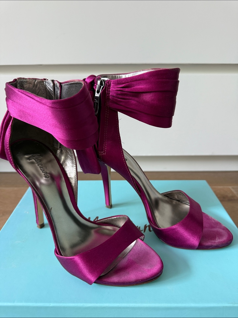 Marciano Women's Fuchsia Satin High Heel Sandals with Bow Ankle Strap